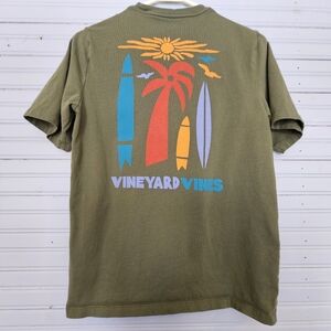 Vineyard Vines Sun Palm Tree Surfboard Olive Green T Shirt Youth Size L